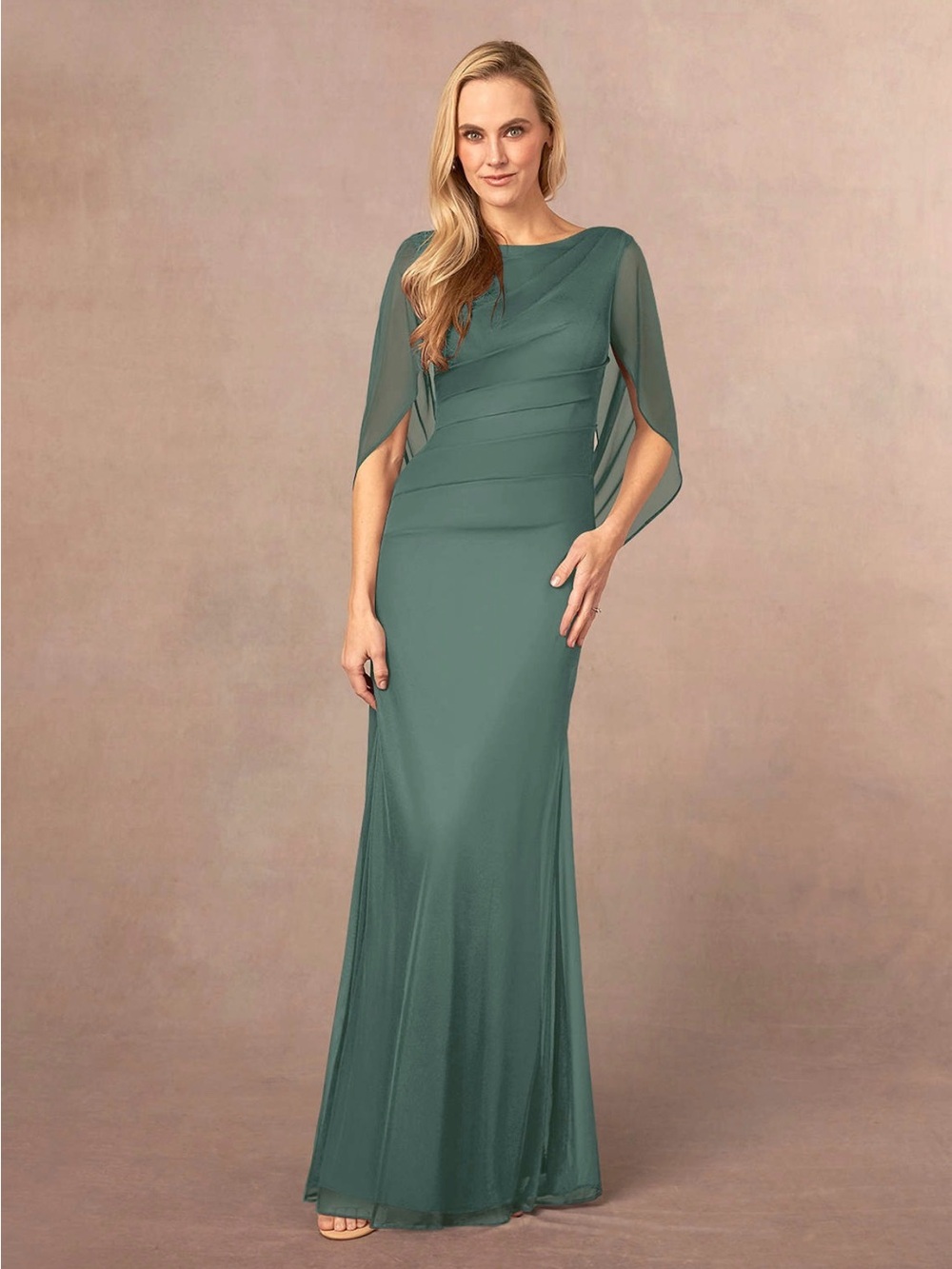 Azazie Belladonna Stretch Eucalyptus Mermaid Scoop Pleated Draped Mesh Dress